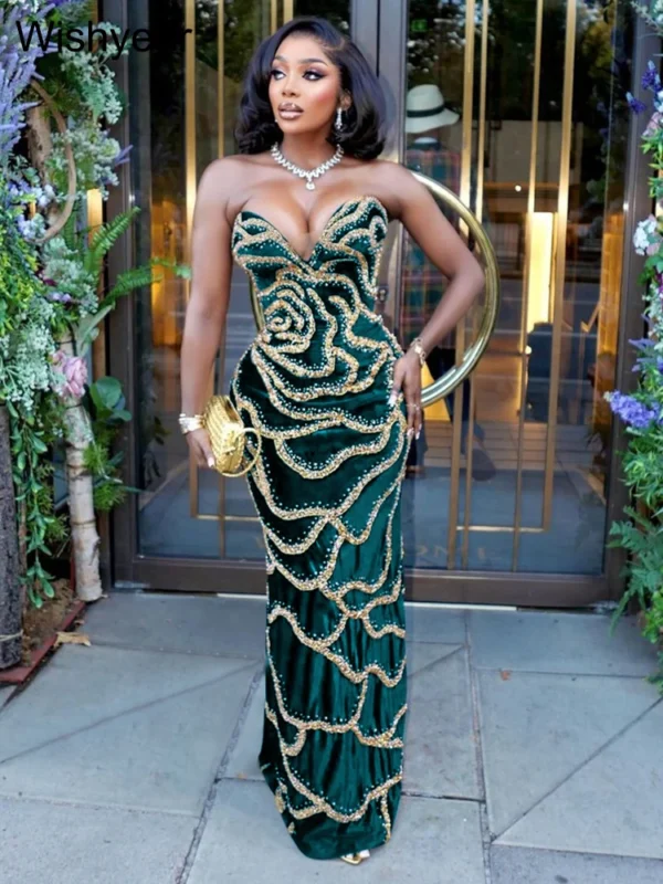 Elegant Strapless Sequined Maxi Dress Sleeveless Party Prom Outfit