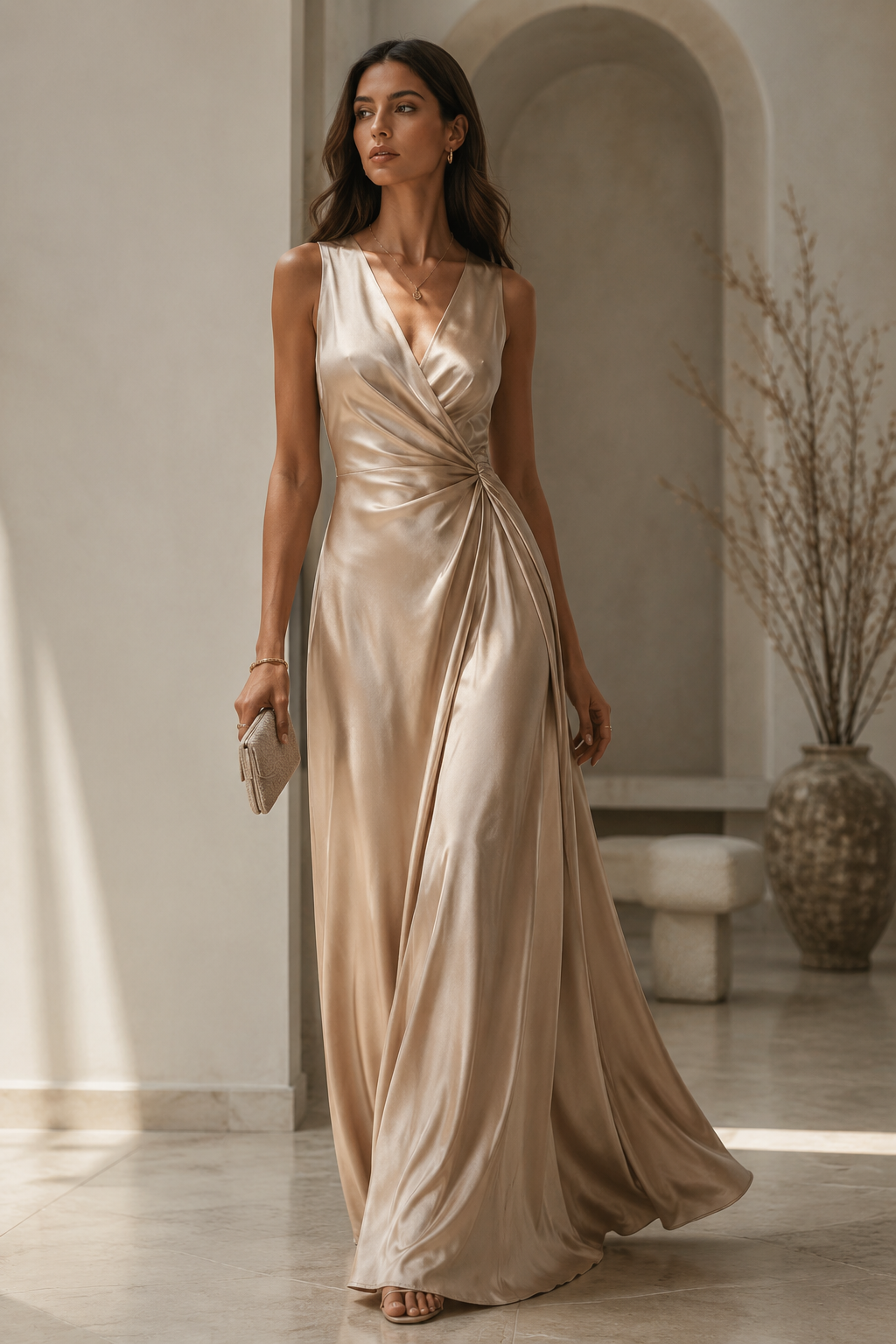 tall woman wearing elegant floor-length maxi dress